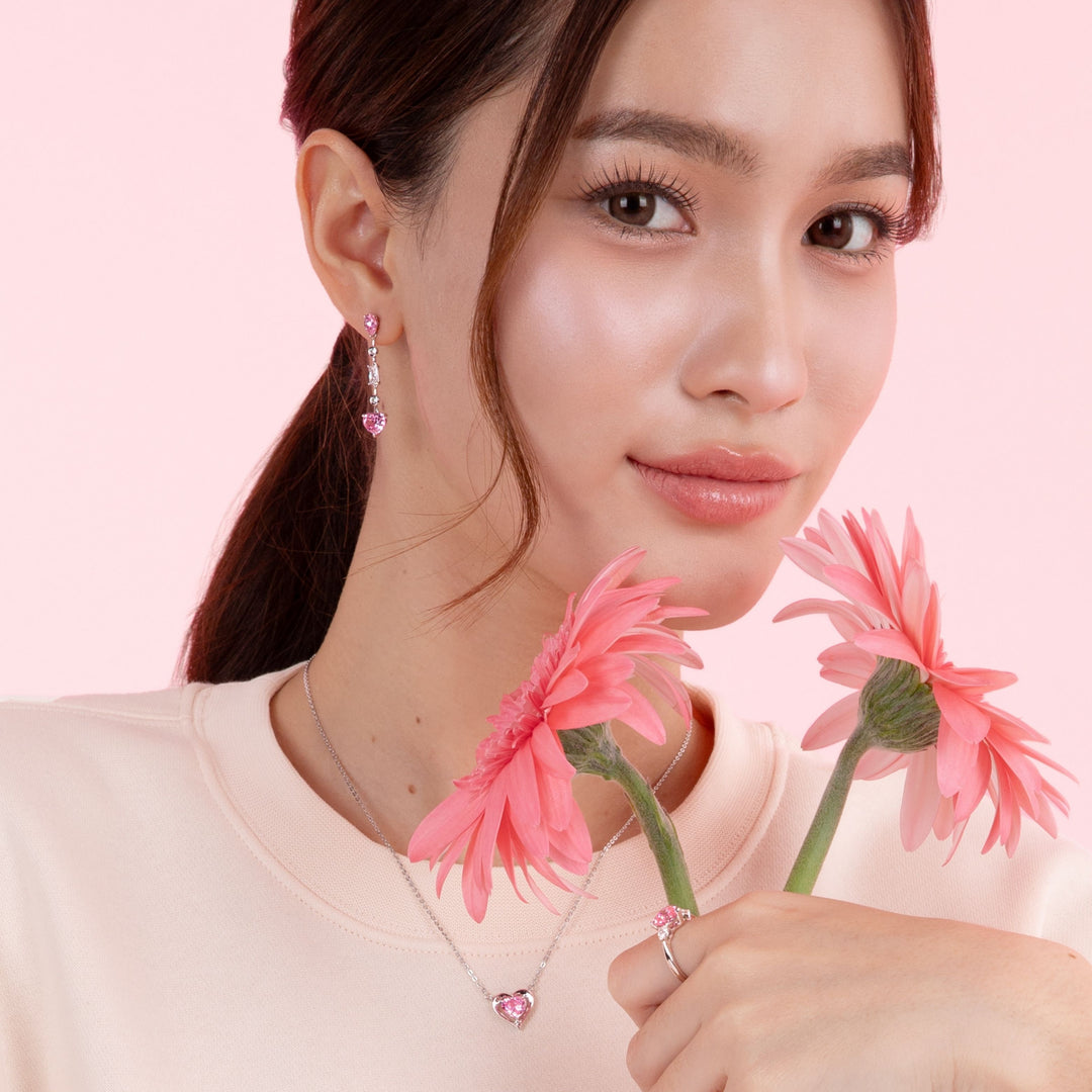 To Have and To Hold: Rhodium Plated 925 Sterling Silver Heart Earrings with Pink Cubic Zirconia