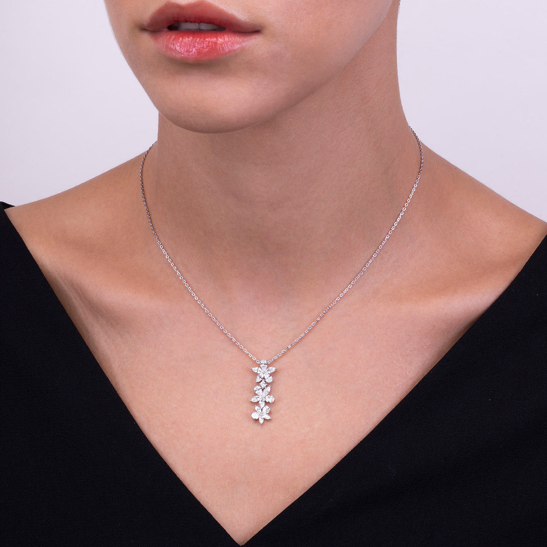 Bouvardia: Silver rhodium plated with multi cut CZ bouvardia flower drop pendant, 16" cable chain necklace