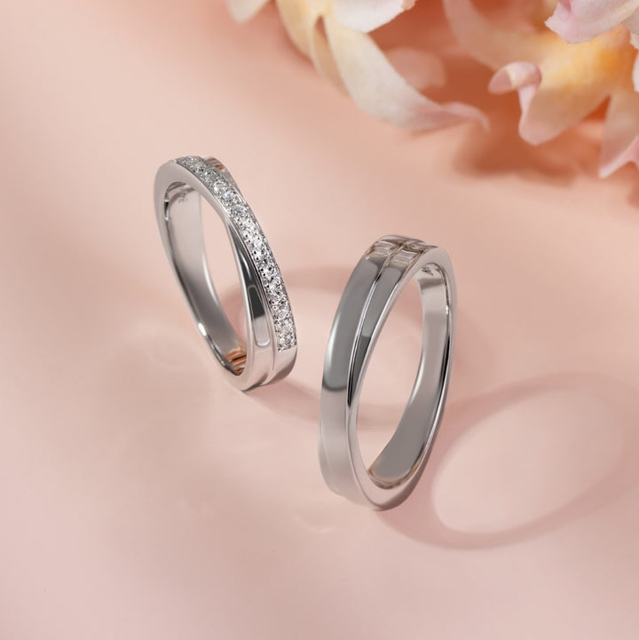 Couple Rings: Silver rhodium plated criss cross band ring