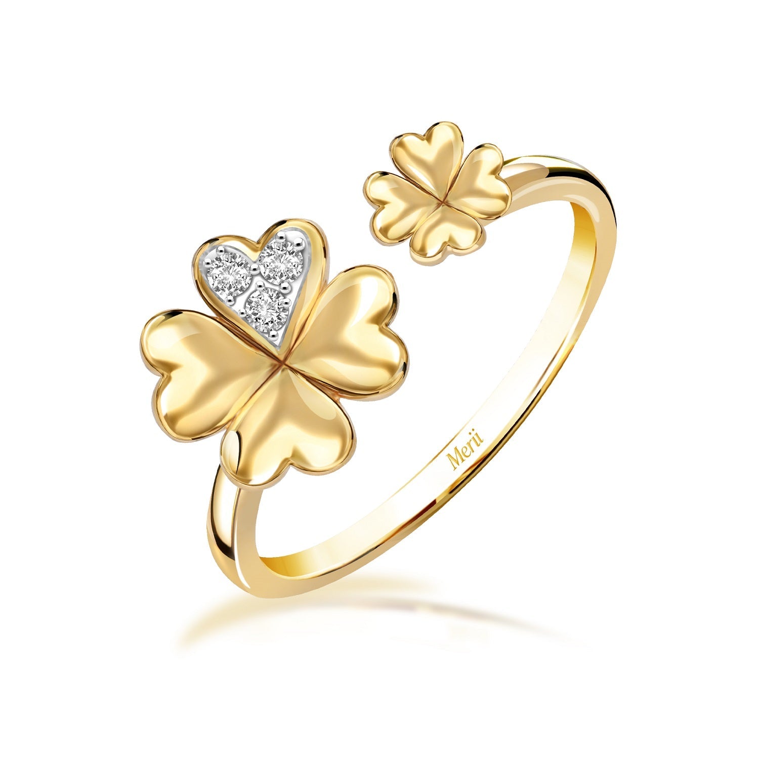 Lucky Clover: Silver 23K Gold plated with CZ four leaf clover open rin ...