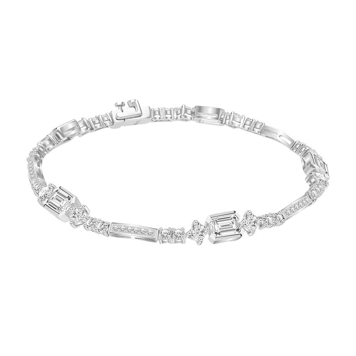 Quadri: Silver rhodium plated 6 4/8" with CZ baguette cut channel and prong set bracelet