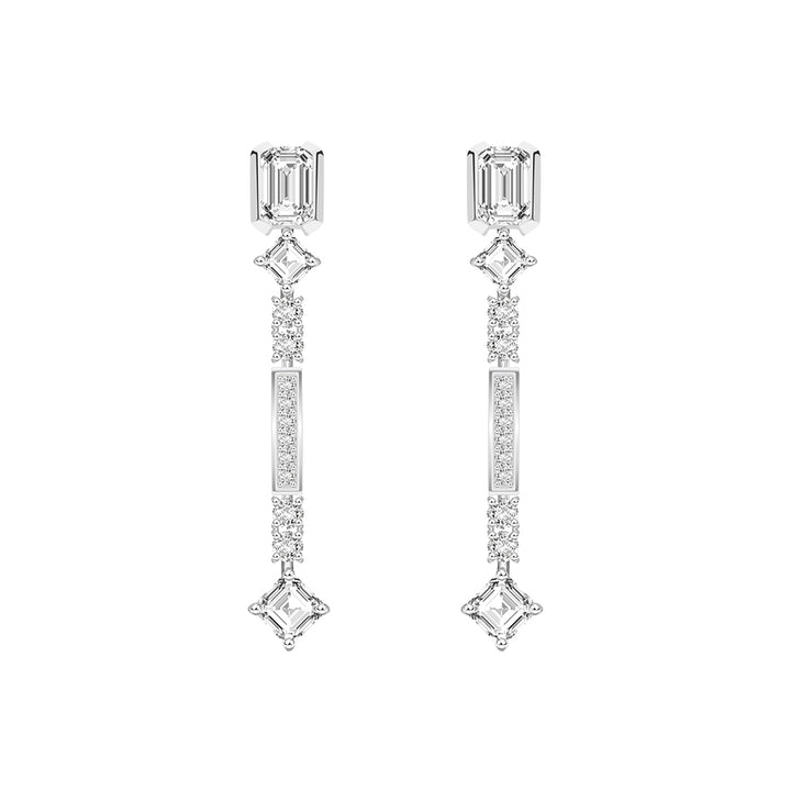 Quadri: Silver rhodium plated with CZ baguette cut channel and prong set  drop earrings