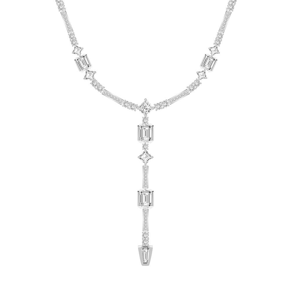 Quadri: Silver rhodium plated with baguette cut CZ channel and prong set  17 3/8" drop necklace