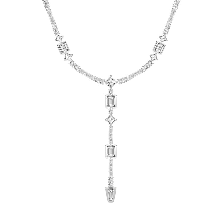 Quadri: Silver rhodium plated with baguette cut CZ channel and prong set  17 3/8" drop necklace