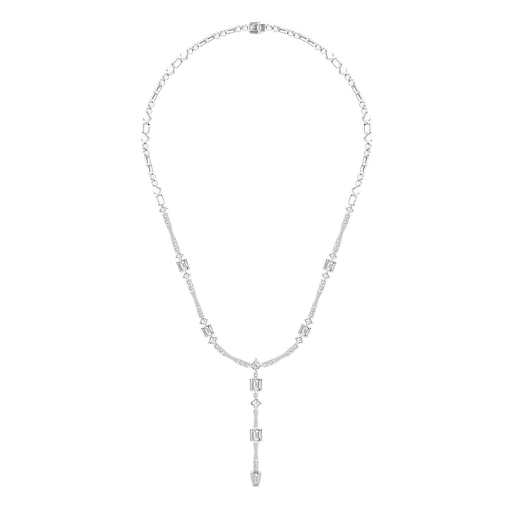 Quadri: Silver rhodium plated with baguette cut CZ channel and prong set  17 3/8" drop necklace